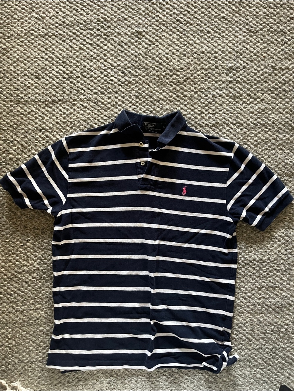 Polo by Ralph Lauren Navy and White Striped Polo with Pink Pony Logo